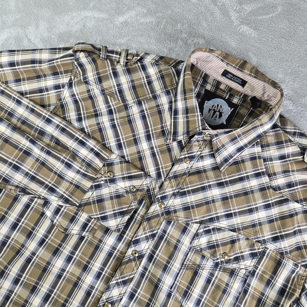 Franky Max Shirt Mens XXL Tan Black Plaid Pearl Snap Epaulet Military Western